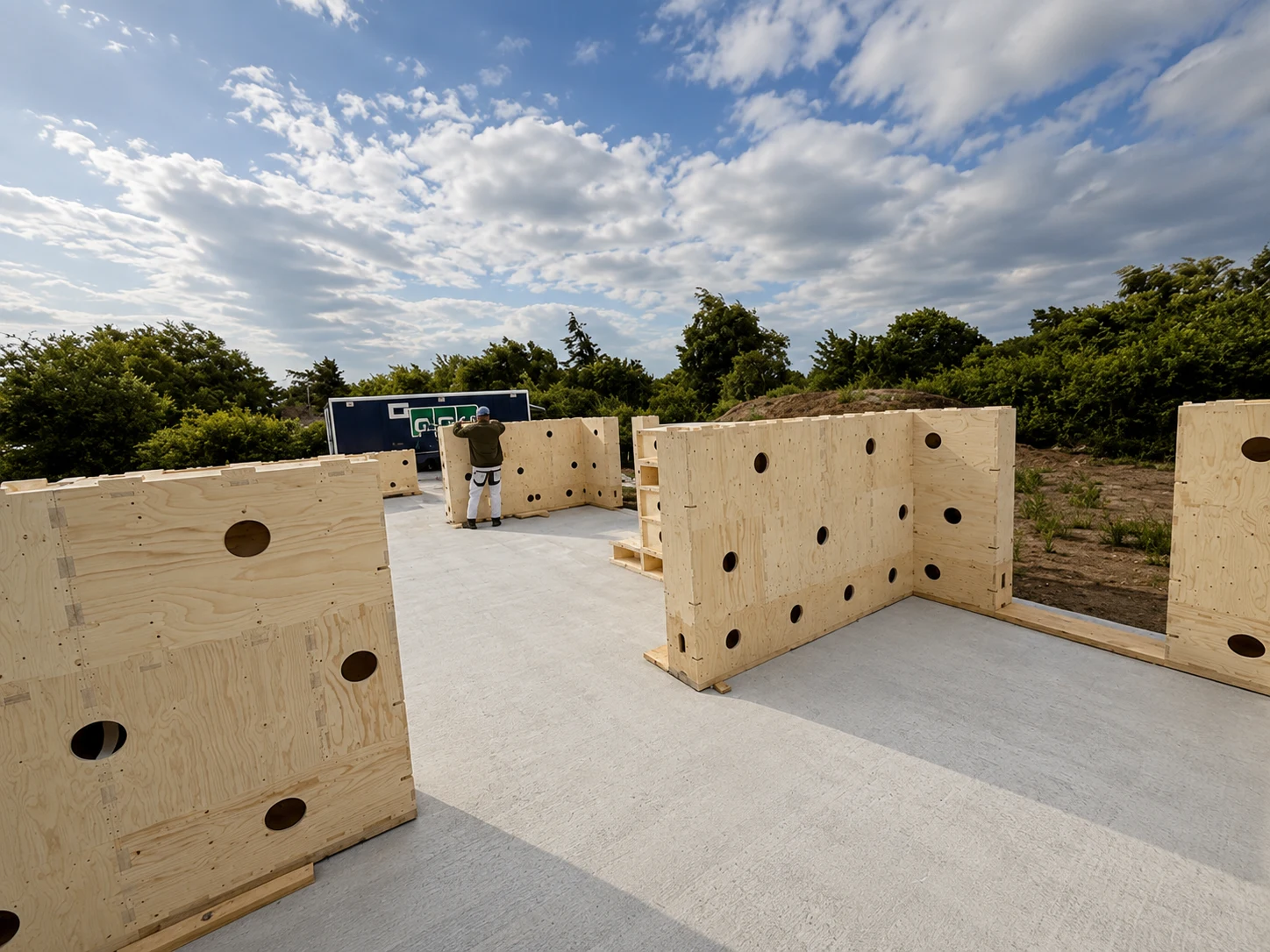 Woodbloks pilot build wall shell assembly on site