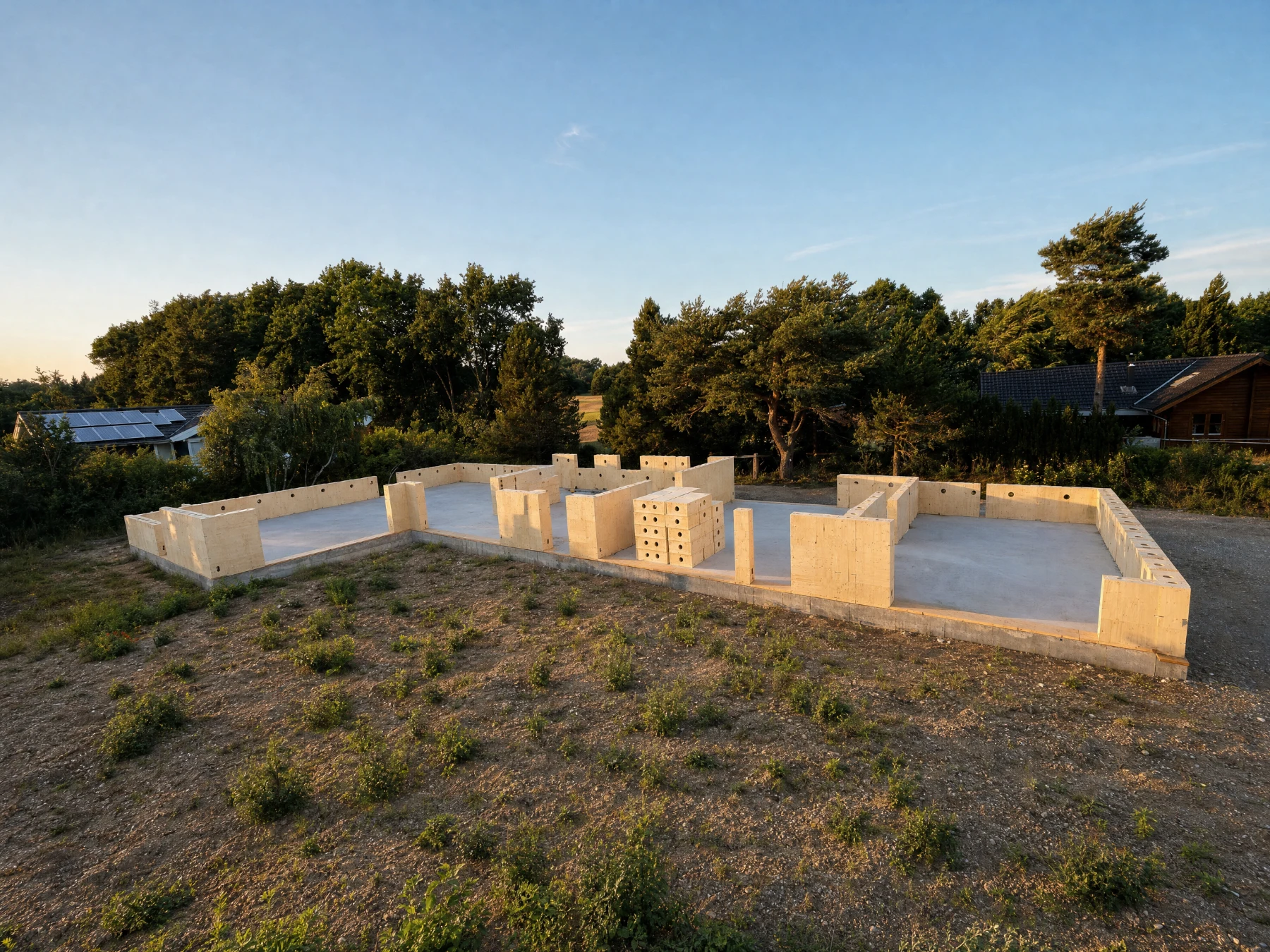 Aerial view of Woodbloks plywood wall assembly on site foundation