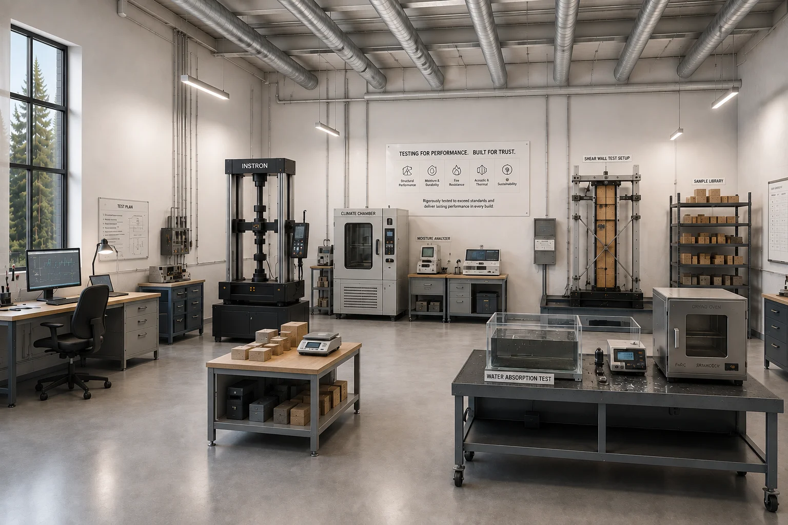 Woodbloks materials testing lab with structural, moisture, fire and acoustic performance stations