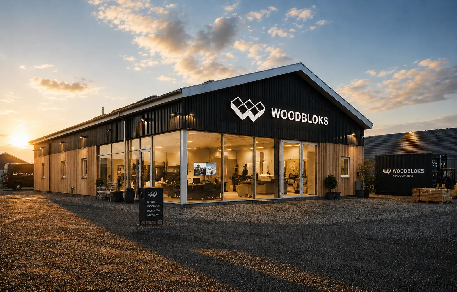 Woodbloks headquarters in Hillerød, Denmark at sunset
