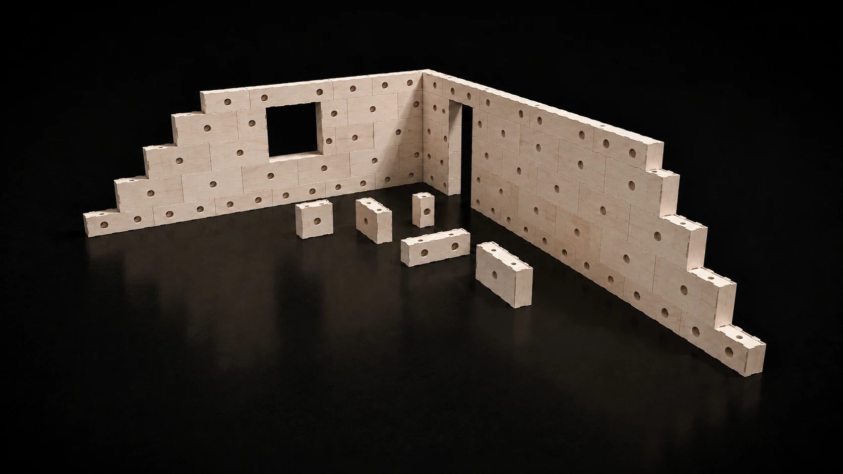Woodbloks wall corner assembled from standard blocks, with window and door openings and loose block types in front